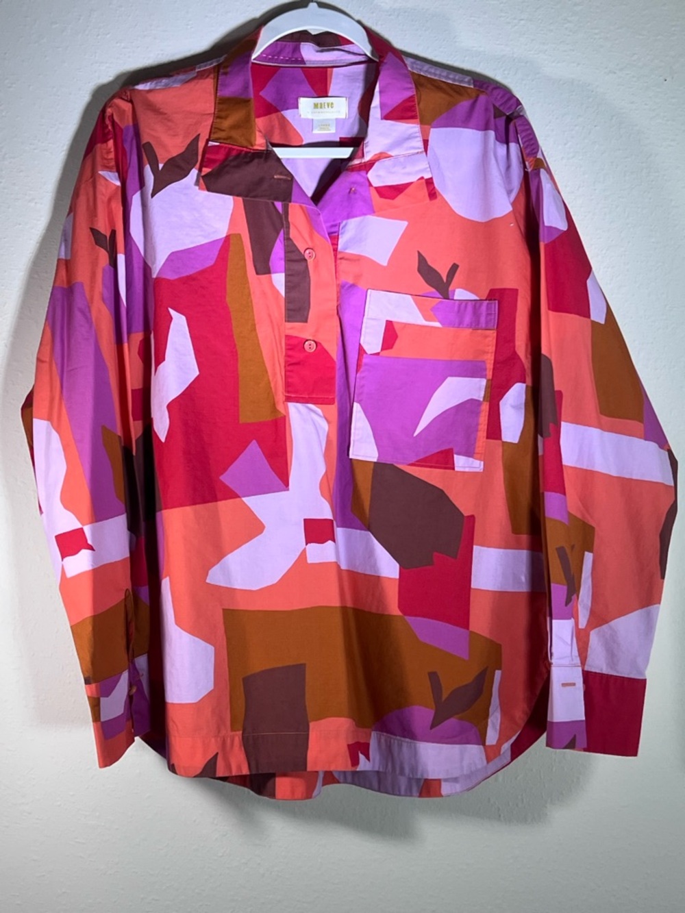 Anthropologie Abstract Patchwork Button-Down Shirt in Coral, Pink, Magenta